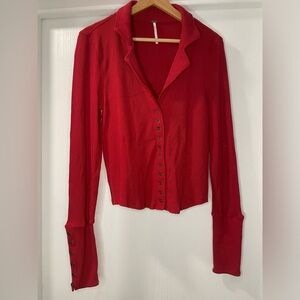 Free People Ribbed Heavy Weight Button Down Shirt in Red. Size L